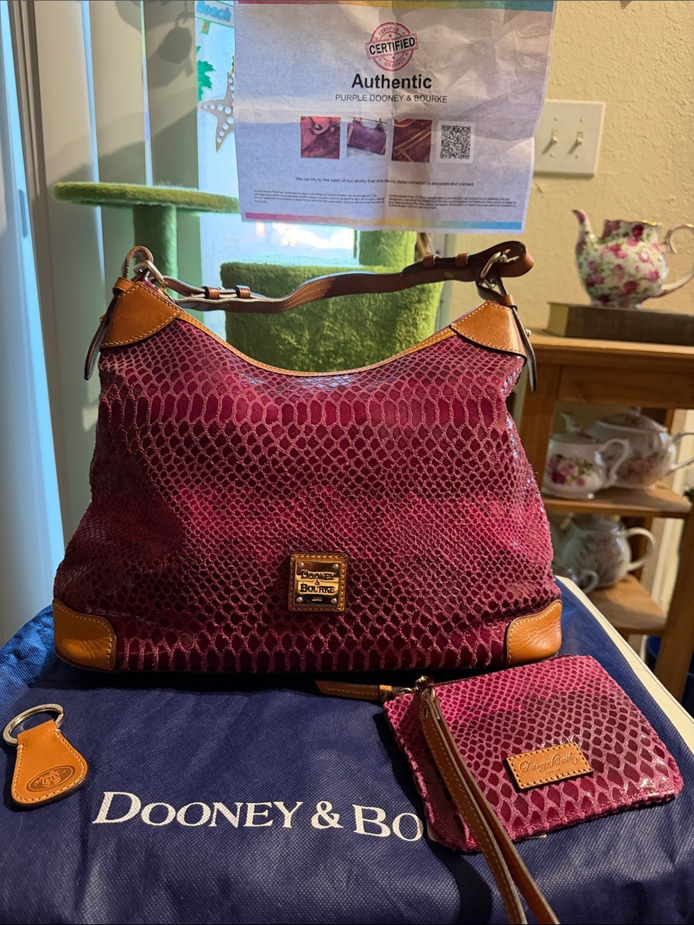 Dooney & Bourke Purple Snake-Embossed Hobo with Tan Trim
